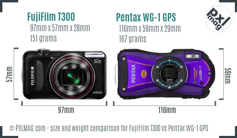 FujiFilm T300 vs Pentax WG-1 GPS size comparison