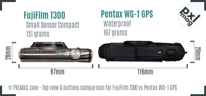 FujiFilm T300 vs Pentax WG-1 GPS top view buttons comparison