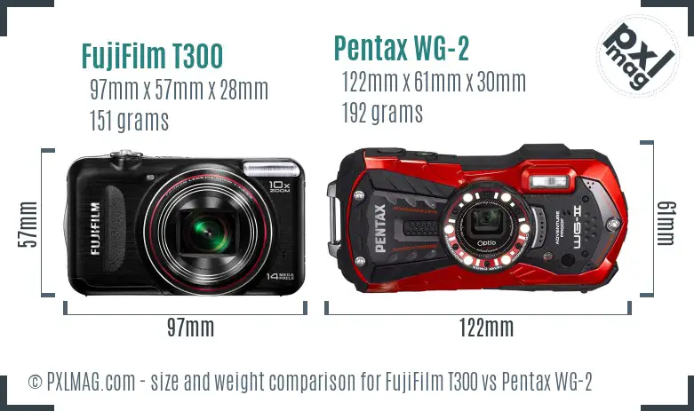 FujiFilm T300 vs Pentax WG-2 size comparison