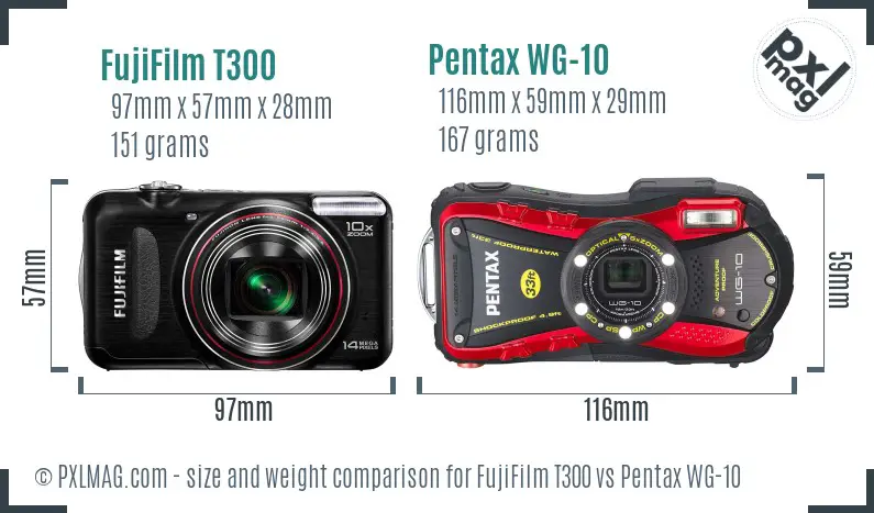 FujiFilm T300 vs Pentax WG-10 size comparison