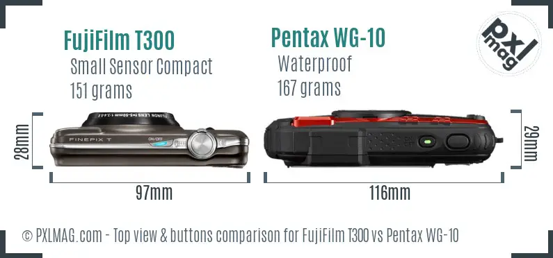 FujiFilm T300 vs Pentax WG-10 top view buttons comparison