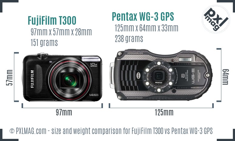 FujiFilm T300 vs Pentax WG-3 GPS size comparison