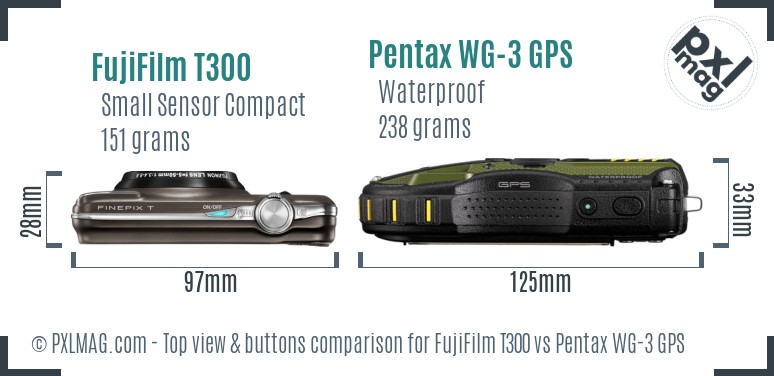 FujiFilm T300 vs Pentax WG-3 GPS top view buttons comparison