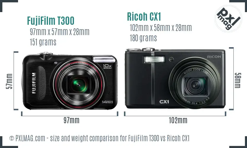FujiFilm T300 vs Ricoh CX1 size comparison