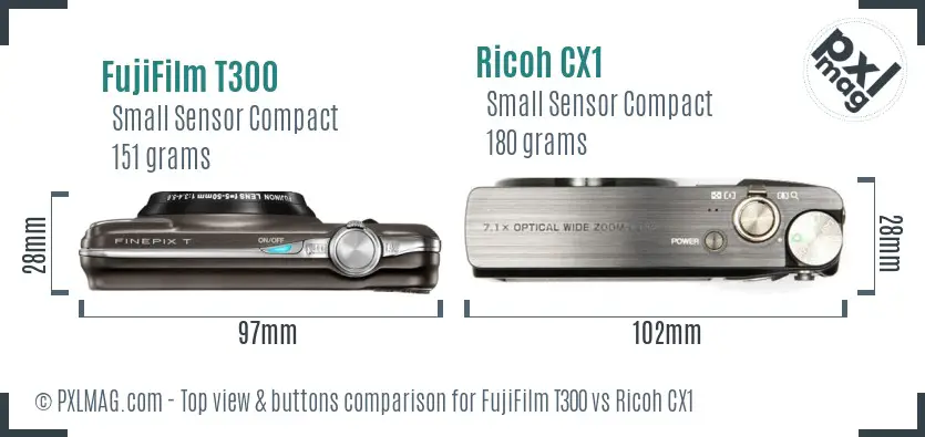 FujiFilm T300 vs Ricoh CX1 top view buttons comparison