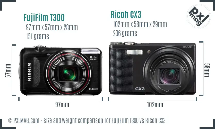 FujiFilm T300 vs Ricoh CX3 size comparison