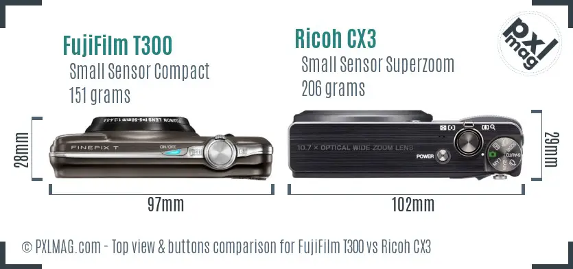 FujiFilm T300 vs Ricoh CX3 top view buttons comparison