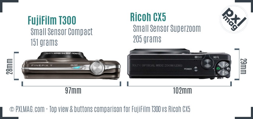 FujiFilm T300 vs Ricoh CX5 top view buttons comparison
