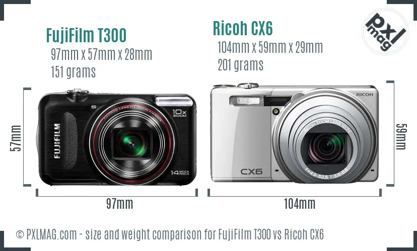 FujiFilm T300 vs Ricoh CX6 size comparison