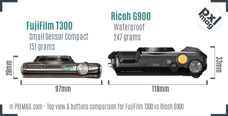 FujiFilm T300 vs Ricoh G900 top view buttons comparison