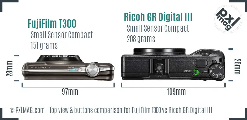 FujiFilm T300 vs Ricoh GR Digital III top view buttons comparison