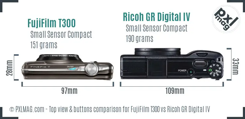 FujiFilm T300 vs Ricoh GR Digital IV top view buttons comparison