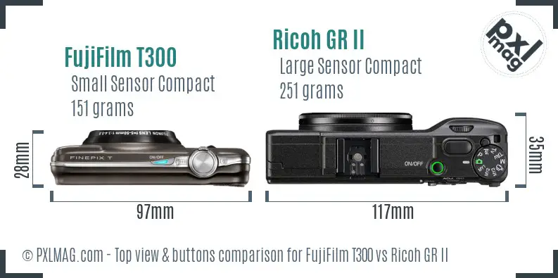 FujiFilm T300 vs Ricoh GR II top view buttons comparison