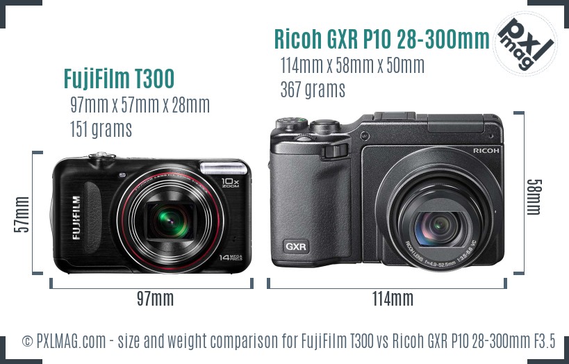 FujiFilm T300 vs Ricoh GXR P10 28-300mm F3.5-5.6 VC size comparison FujiFilm T300 vs Ricoh GXR P10 28-300mm F3.5-5.6 VC size comparison