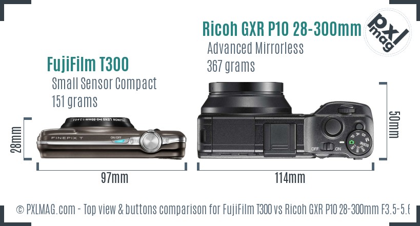 FujiFilm T300 vs Ricoh GXR P10 28-300mm F3.5-5.6 VC top view buttons comparison