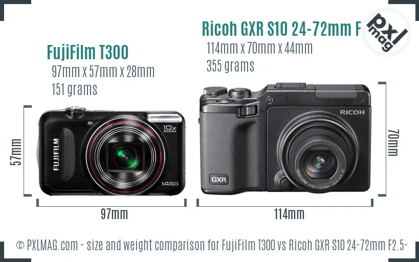 FujiFilm T300 vs Ricoh GXR S10 24-72mm F2.5-4.4 VC size comparison FujiFilm T300 vs Ricoh GXR S10 24-72mm F2.5-4.4 VC size comparison