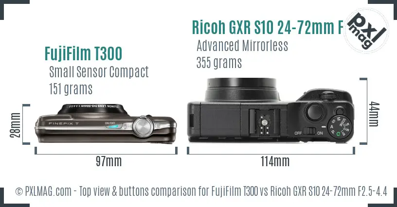 FujiFilm T300 vs Ricoh GXR S10 24-72mm F2.5-4.4 VC top view buttons comparison FujiFilm T300 vs Ricoh GXR S10 24-72mm F2.5-4.4 VC top view buttons comparison