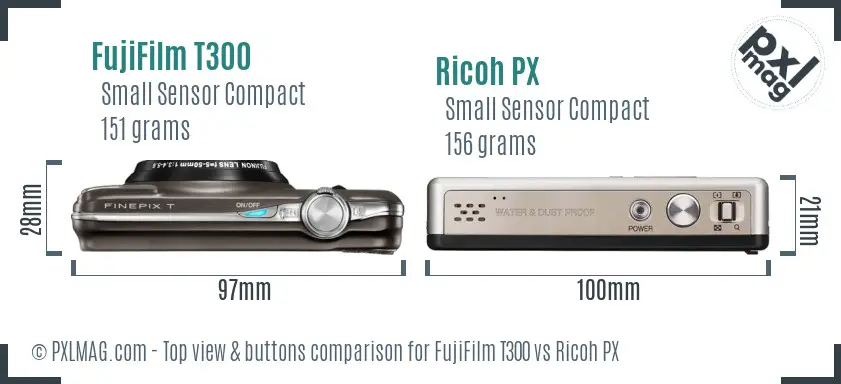 FujiFilm T300 vs Ricoh PX top view buttons comparison FujiFilm T300 vs Ricoh PX top view buttons comparison