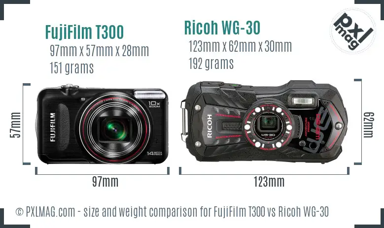 FujiFilm T300 vs Ricoh WG-30 size comparison