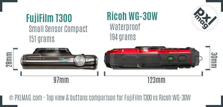 FujiFilm T300 vs Ricoh WG-30W top view buttons comparison FujiFilm T300 vs Ricoh WG-30W top view buttons comparison