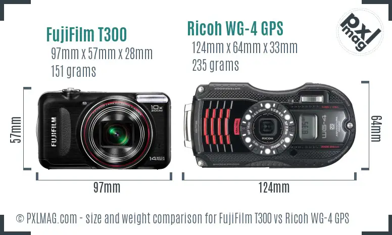 FujiFilm T300 vs Ricoh WG-4 GPS size comparison