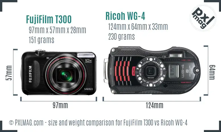 FujiFilm T300 vs Ricoh WG-4 size comparison
