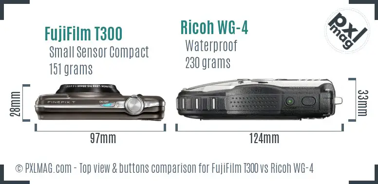 FujiFilm T300 vs Ricoh WG-4 top view buttons comparison