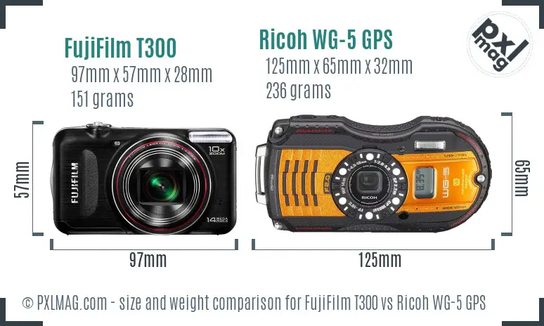 FujiFilm T300 vs Ricoh WG-5 GPS size comparison
