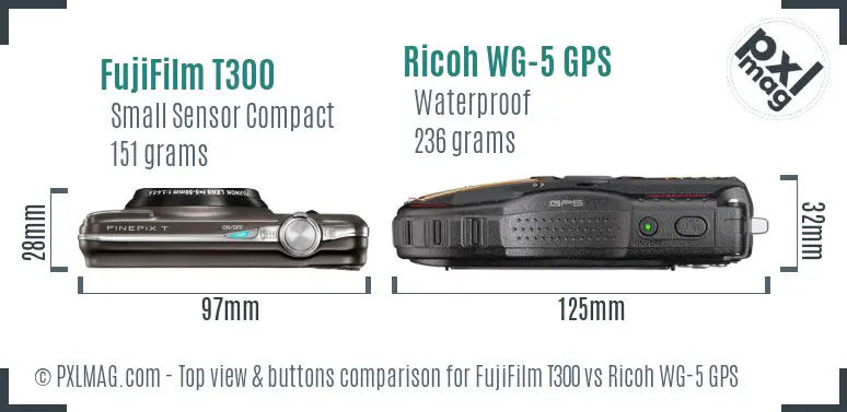 FujiFilm T300 vs Ricoh WG-5 GPS top view buttons comparison