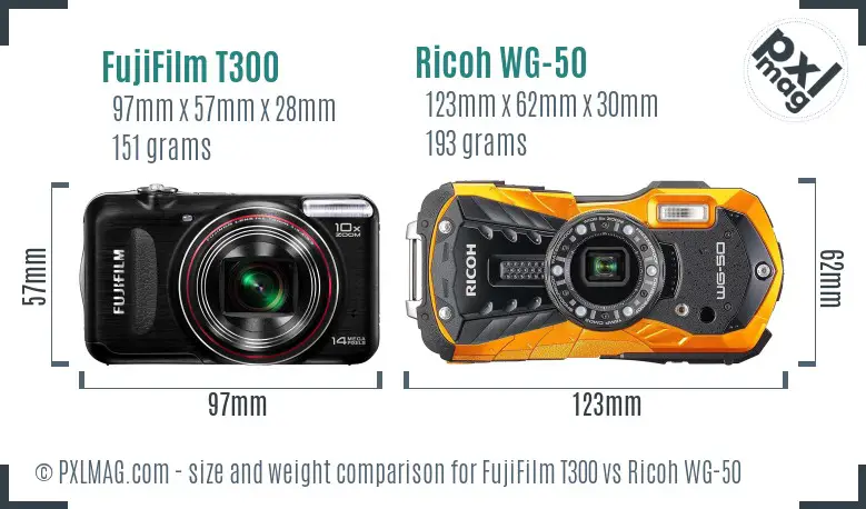 FujiFilm T300 vs Ricoh WG-50 size comparison FujiFilm T300 vs Ricoh WG-50 size comparison