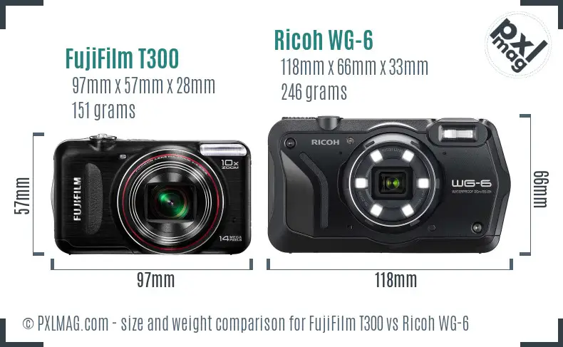 FujiFilm T300 vs Ricoh WG-6 size comparison