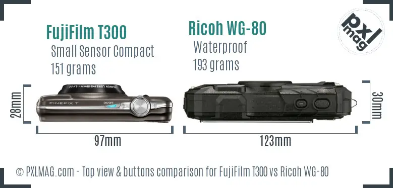 FujiFilm T300 vs Ricoh WG-80 top view buttons comparison FujiFilm T300 vs Ricoh WG-80 top view buttons comparison