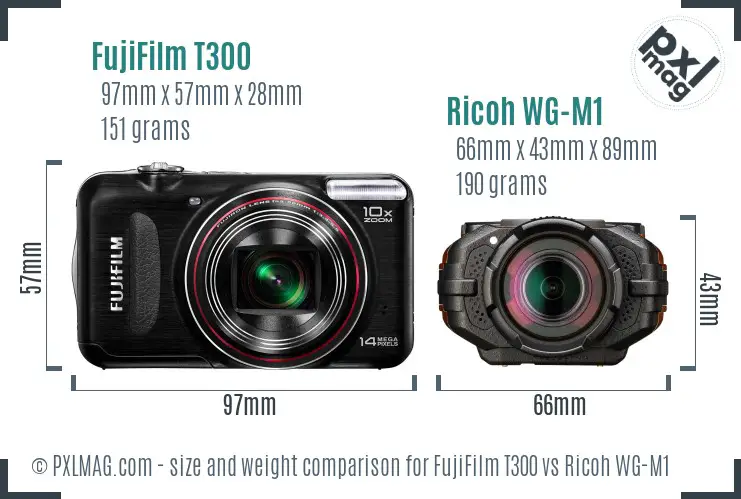 FujiFilm T300 vs Ricoh WG-M1 size comparison