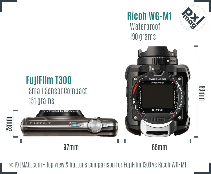 FujiFilm T300 vs Ricoh WG-M1 top view buttons comparison