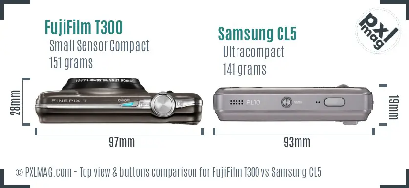 FujiFilm T300 vs Samsung CL5 top view buttons comparison FujiFilm T300 vs Samsung CL5 top view buttons comparison