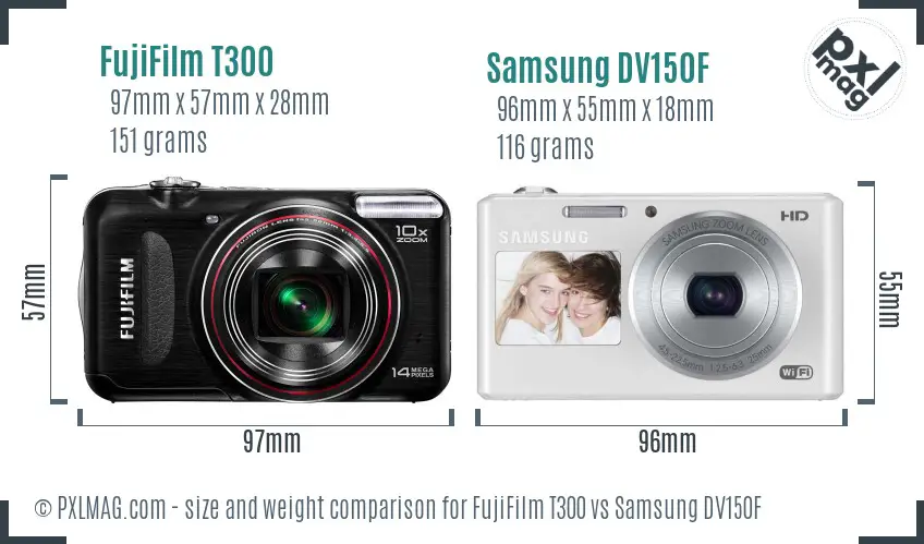 FujiFilm T300 vs Samsung DV150F size comparison