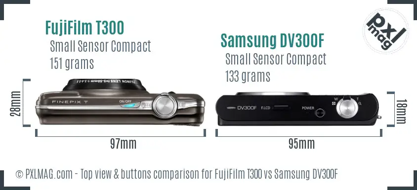 FujiFilm T300 vs Samsung DV300F top view buttons comparison FujiFilm T300 vs Samsung DV300F top view buttons comparison