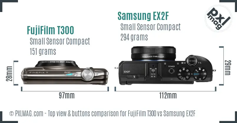FujiFilm T300 vs Samsung EX2F top view buttons comparison