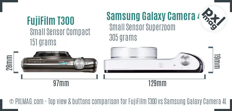 FujiFilm T300 vs Samsung Galaxy Camera 4G top view buttons comparison FujiFilm T300 vs Samsung Galaxy Camera 4G top view buttons comparison