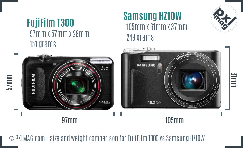 FujiFilm T300 vs Samsung HZ10W size comparison