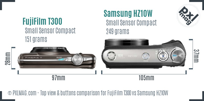 FujiFilm T300 vs Samsung HZ10W top view buttons comparison