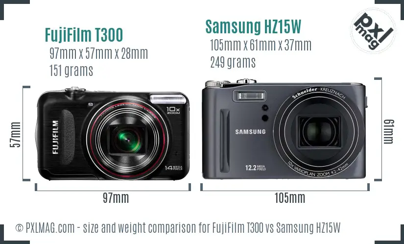 FujiFilm T300 vs Samsung HZ15W size comparison