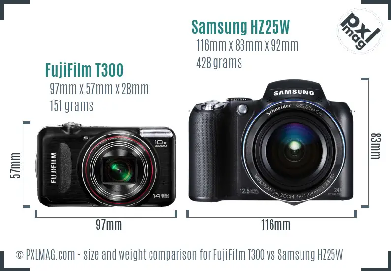 FujiFilm T300 vs Samsung HZ25W size comparison