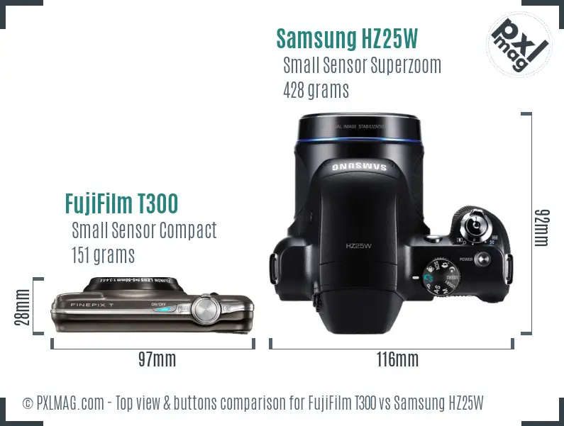 FujiFilm T300 vs Samsung HZ25W top view buttons comparison