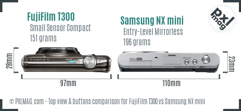 FujiFilm T300 vs Samsung NX mini top view buttons comparison FujiFilm T300 vs Samsung NX mini top view buttons comparison