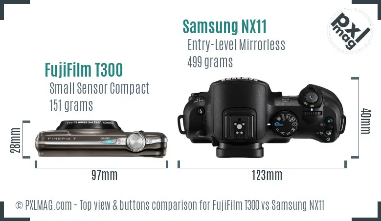 FujiFilm T300 vs Samsung NX11 top view buttons comparison