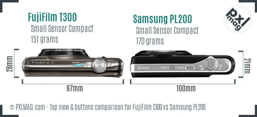 FujiFilm T300 vs Samsung PL200 top view buttons comparison