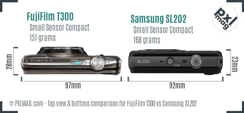 FujiFilm T300 vs Samsung SL202 top view buttons comparison