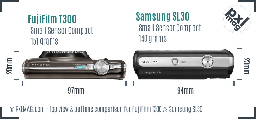FujiFilm T300 vs Samsung SL30 top view buttons comparison