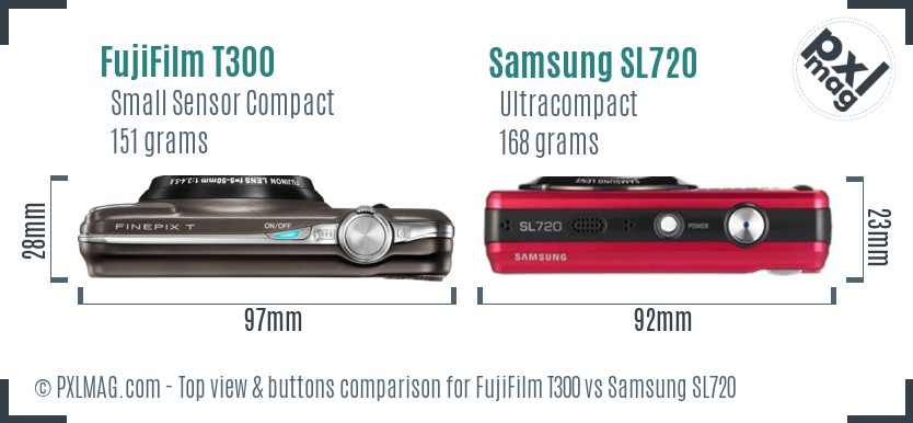 FujiFilm T300 vs Samsung SL720 top view buttons comparison